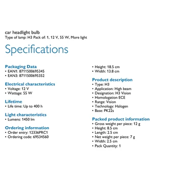 Philips Vision H3 12V 55W PK22s 12336PRC1 +30% Mere Lys Oprindelige Lys, Bil tågelys OEM Kvalitet Auto Hoved Pære (Enkelt)