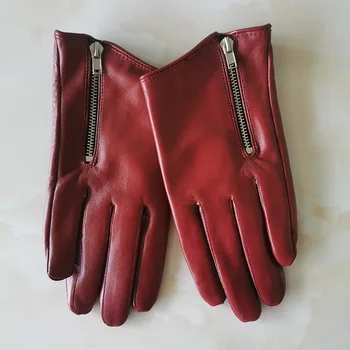 Ren Fåreskind Ægte Læder Kvinde Handsker Korte Style Rød Med Lynlås Europæiske Version fransk Elegance Kvindelige Vanter TB84